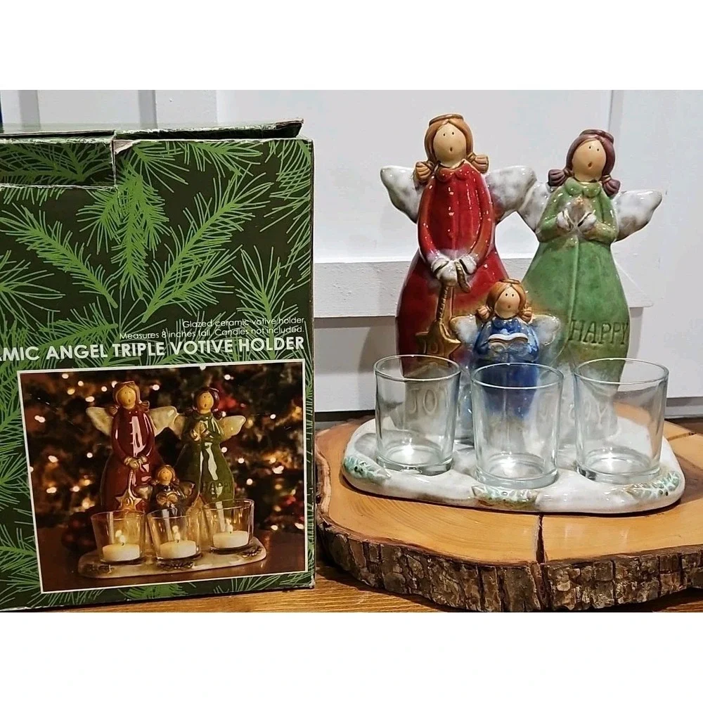 Vintage Kirklands Ceramic Angel Triple Votive Candle Holder Figure Christmas Joy